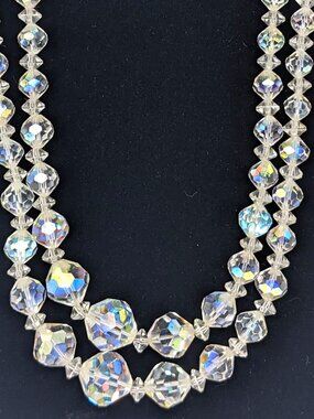 Vintage AB Clear Crystal 2 Strand Choker Necklace Bicone Bead 14 in Graduated